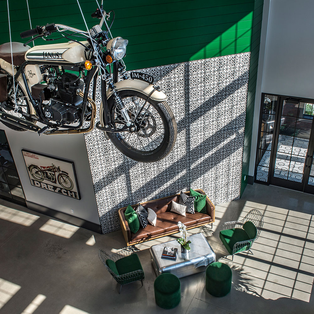 View from second floor walkway into seating area in Halstead Salem business center