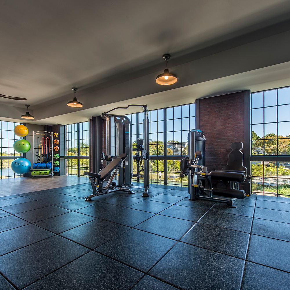 New gym equipment in front of floor to ceiling windows