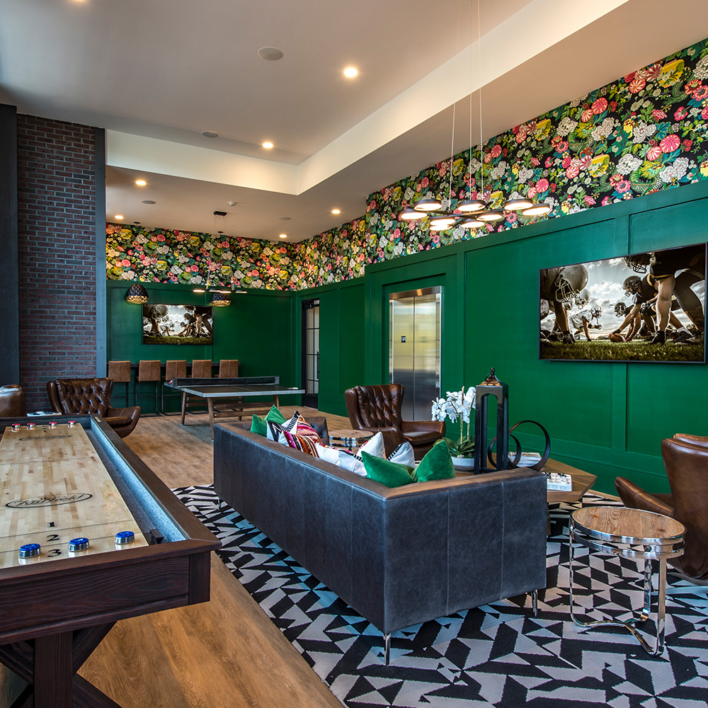 Residents' club with luxury seating and entertainment at Halstead Salem Station